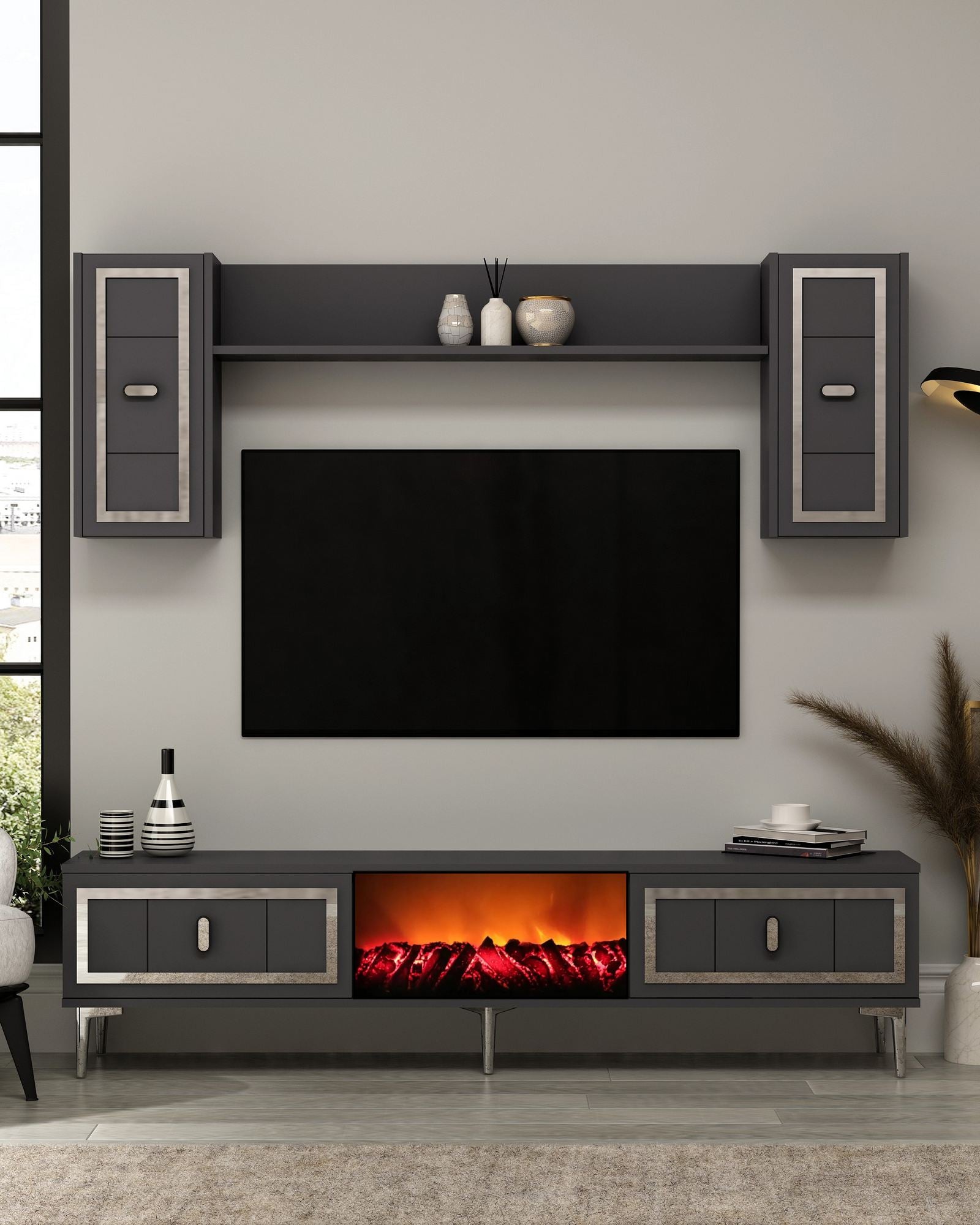 Móvel de TV – 150cm x 44.6cm x 29.6cm – Antracite e Prata – Painel de Partículas Revestido em Melamina