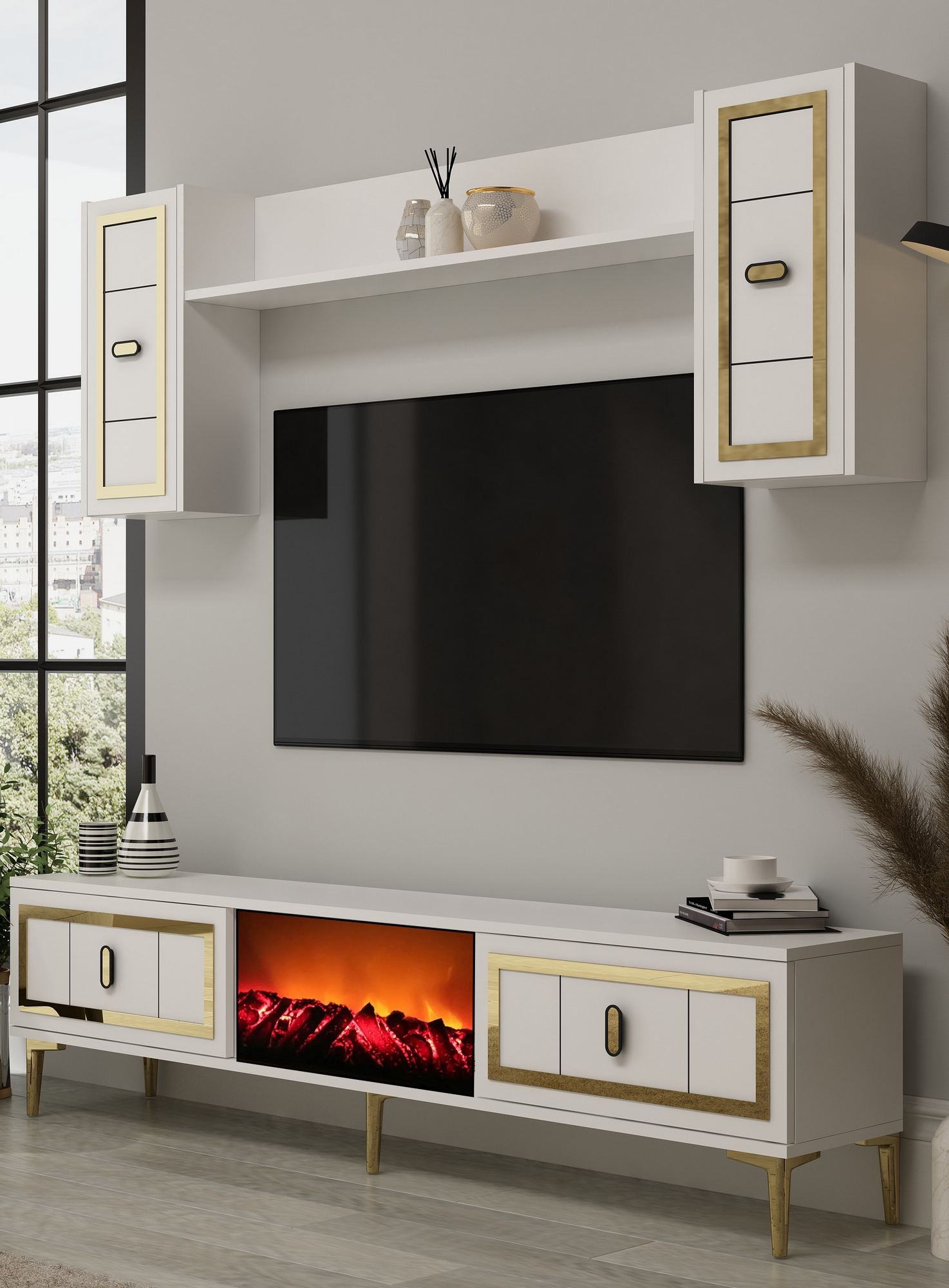 Estante para TV – 150cm – Branco e Dourado – Painel de partículas revestido em melamina