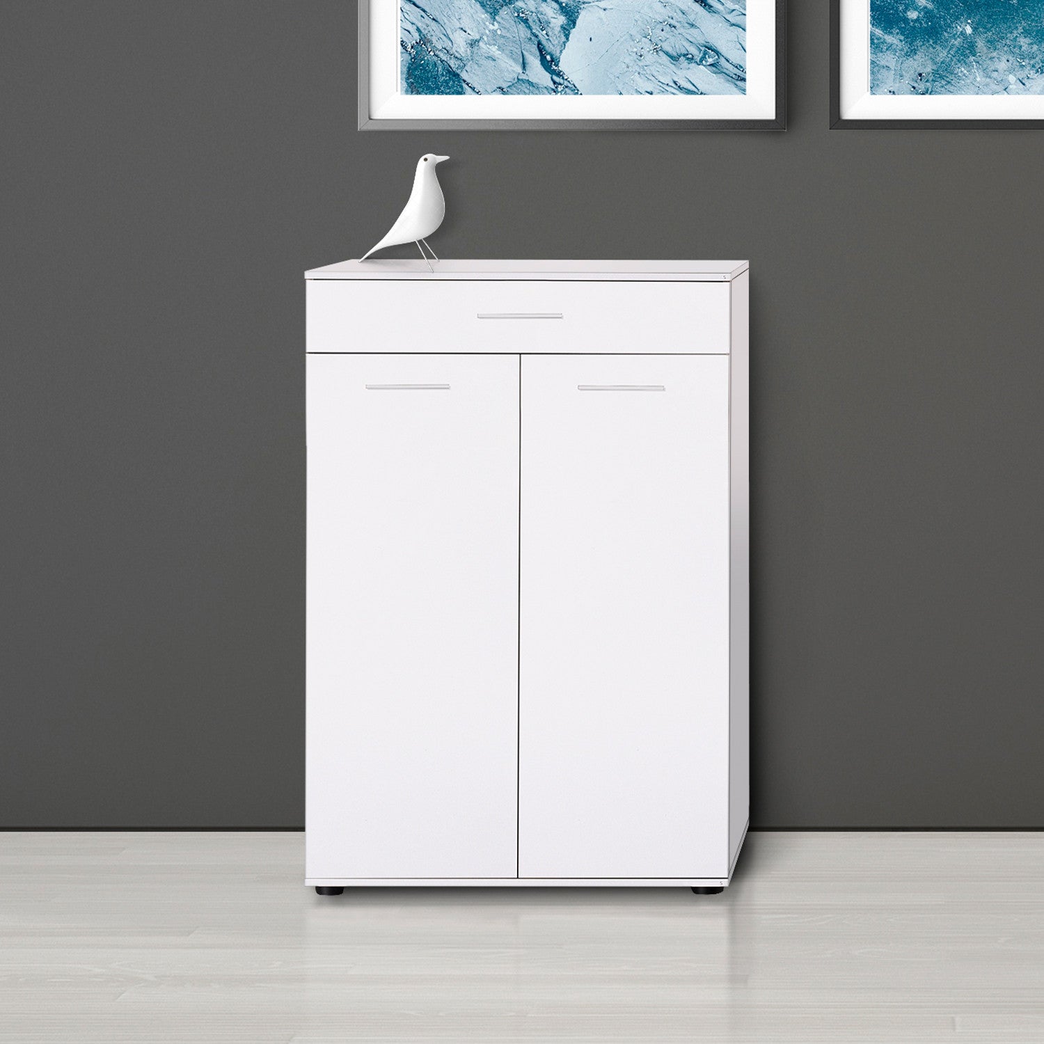 Elegante sapateira branca, 73 cm x 108 cm x 35 cm | Painel de partículas 100% revestido em melamina, 16 mm de espessura | 1 gaveta e várias prateleiras, montável na parede