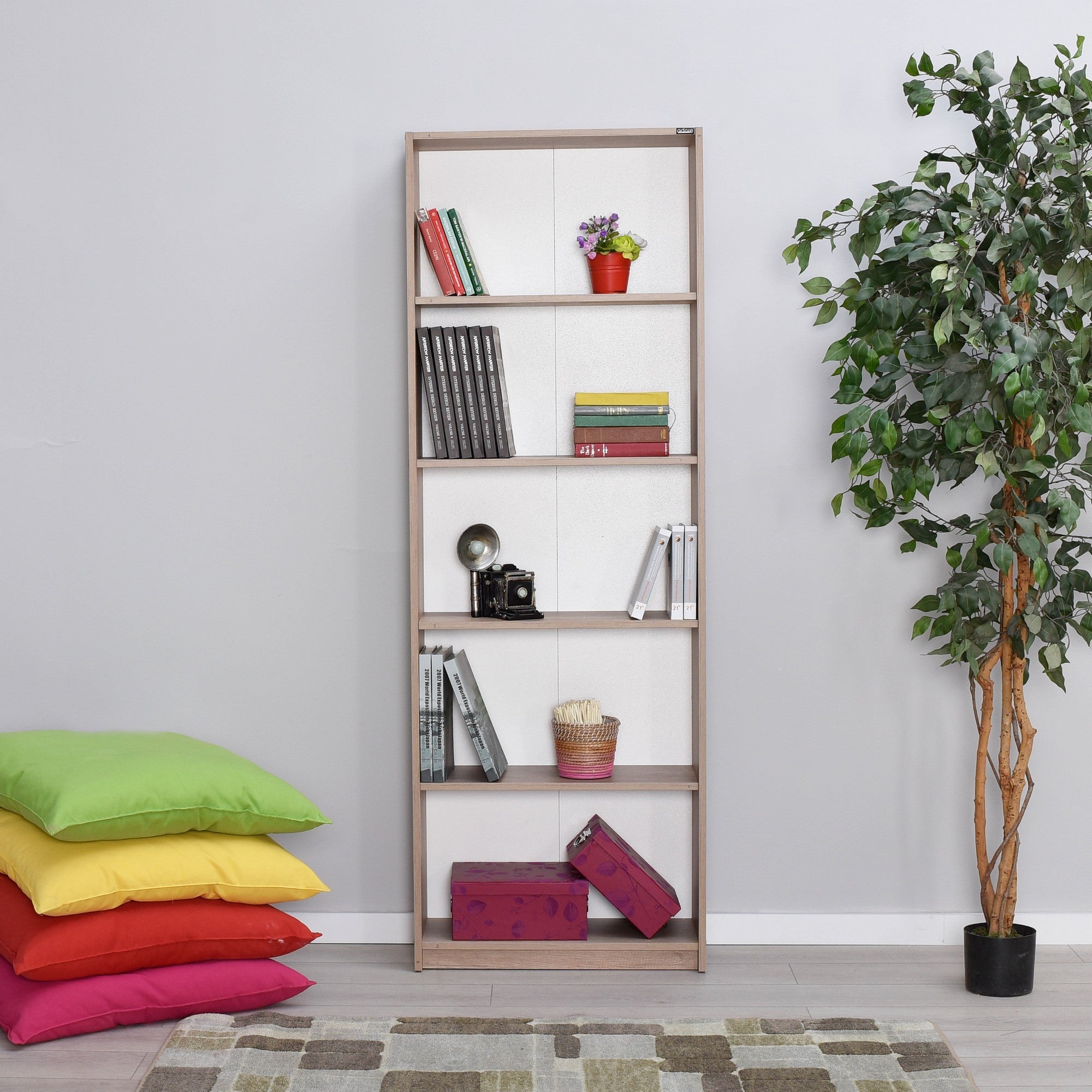 Estante de Livros em Nogueira Clara - 182cm de Altura com Múltiplas Prateleiras e Fixação na Parede