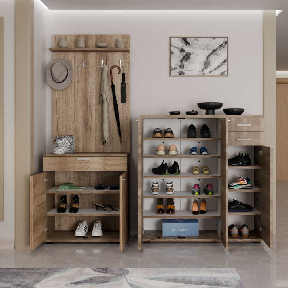 Sapateira Elegante Nogueira Clara 108cm - 2 Gavetas e Múltiplas Prateleiras com Fixação à Parede