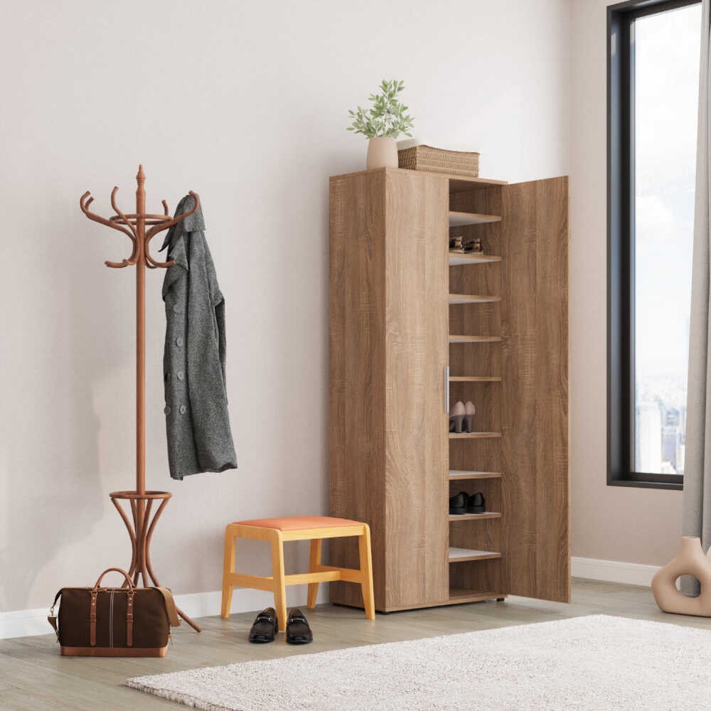 Sapateira Alta em Carvalho Claro com Múltiplas Prateleiras - 187cm de Altura para Fixação na Parede