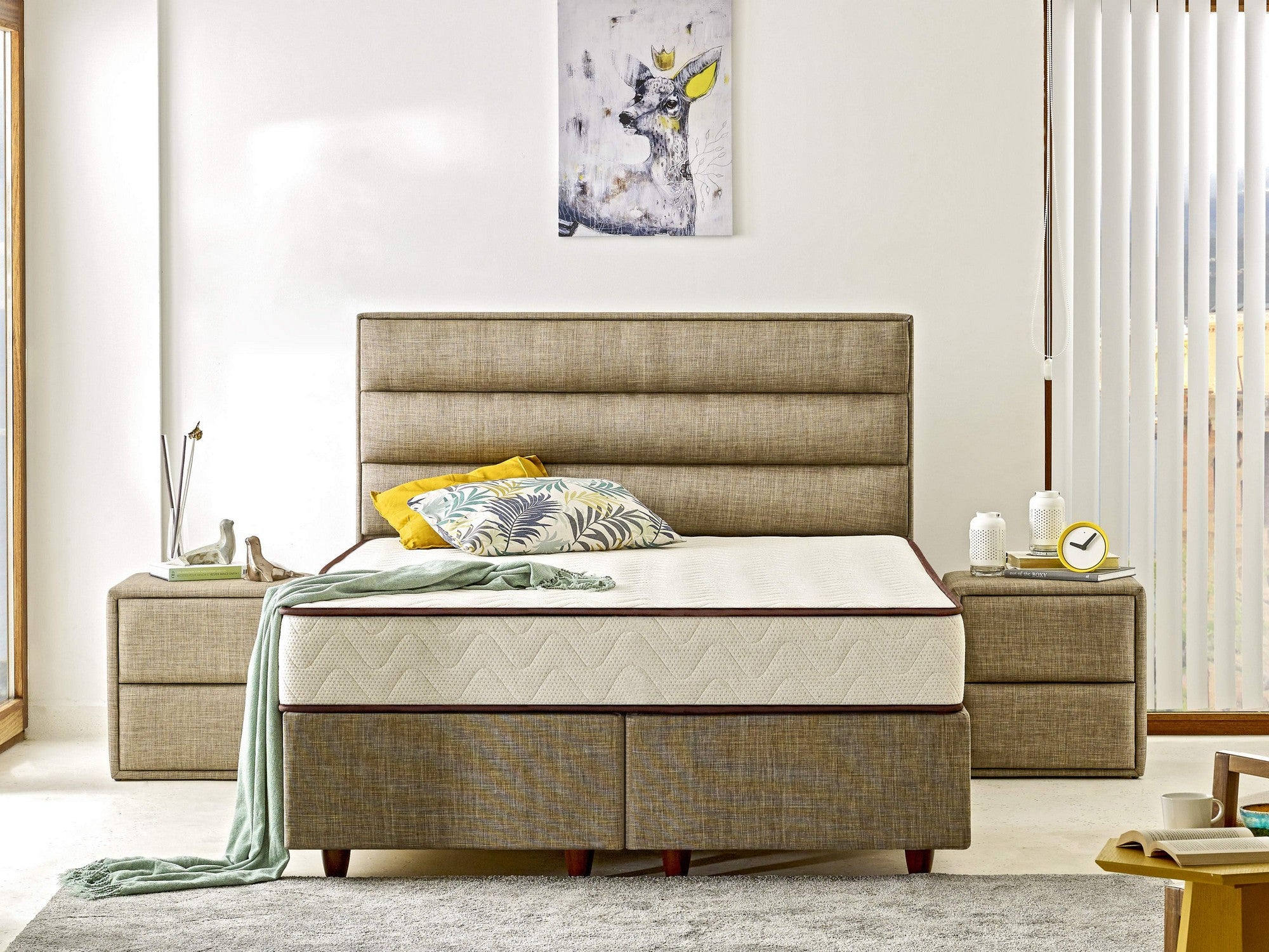 Colchão de luxo estilo hotel, 140 x 190 x 23 cm, branco e marrom | Capa de tecido de linho, espuma viscoelástica, molas ensacadas, camada de conforto | Perfeito para um sono reparador