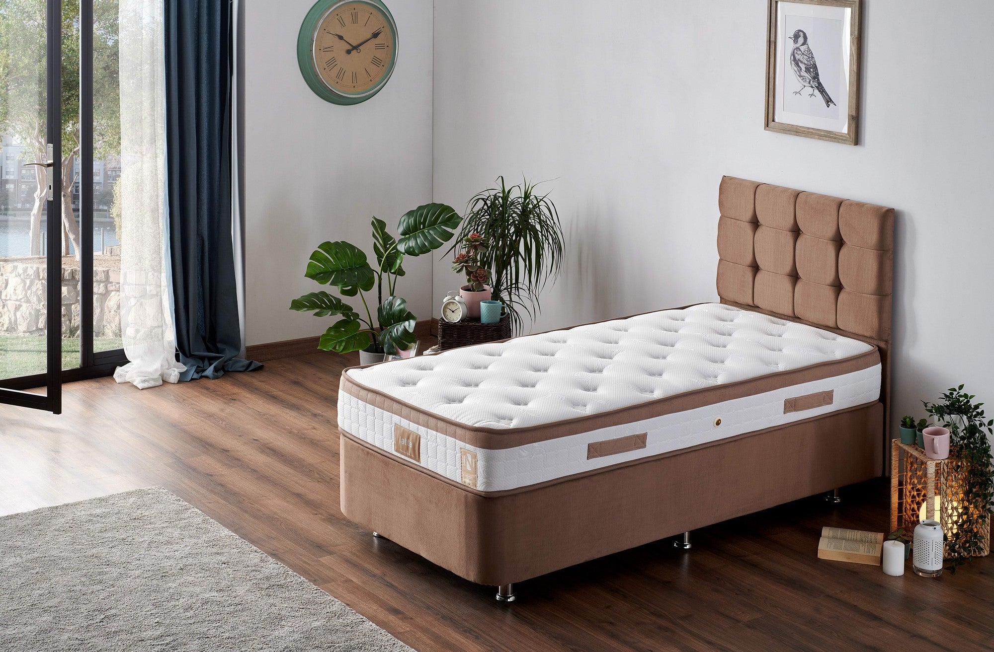 Colchão de luxo estilo hotel, 90 x 190 x 23 cm, capa de tecido trançado, sistema de molas múltiplas, design elegante em branco e marrom | Perfeito para conforto e suporte