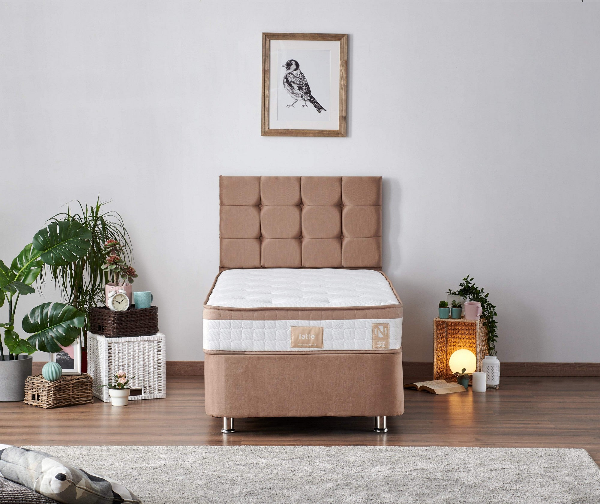 Colchão de luxo estilo hotel, 90 x 190 x 23 cm, capa de tecido trançado, sistema de molas múltiplas, design elegante em branco e marrom | Perfeito para conforto e suporte