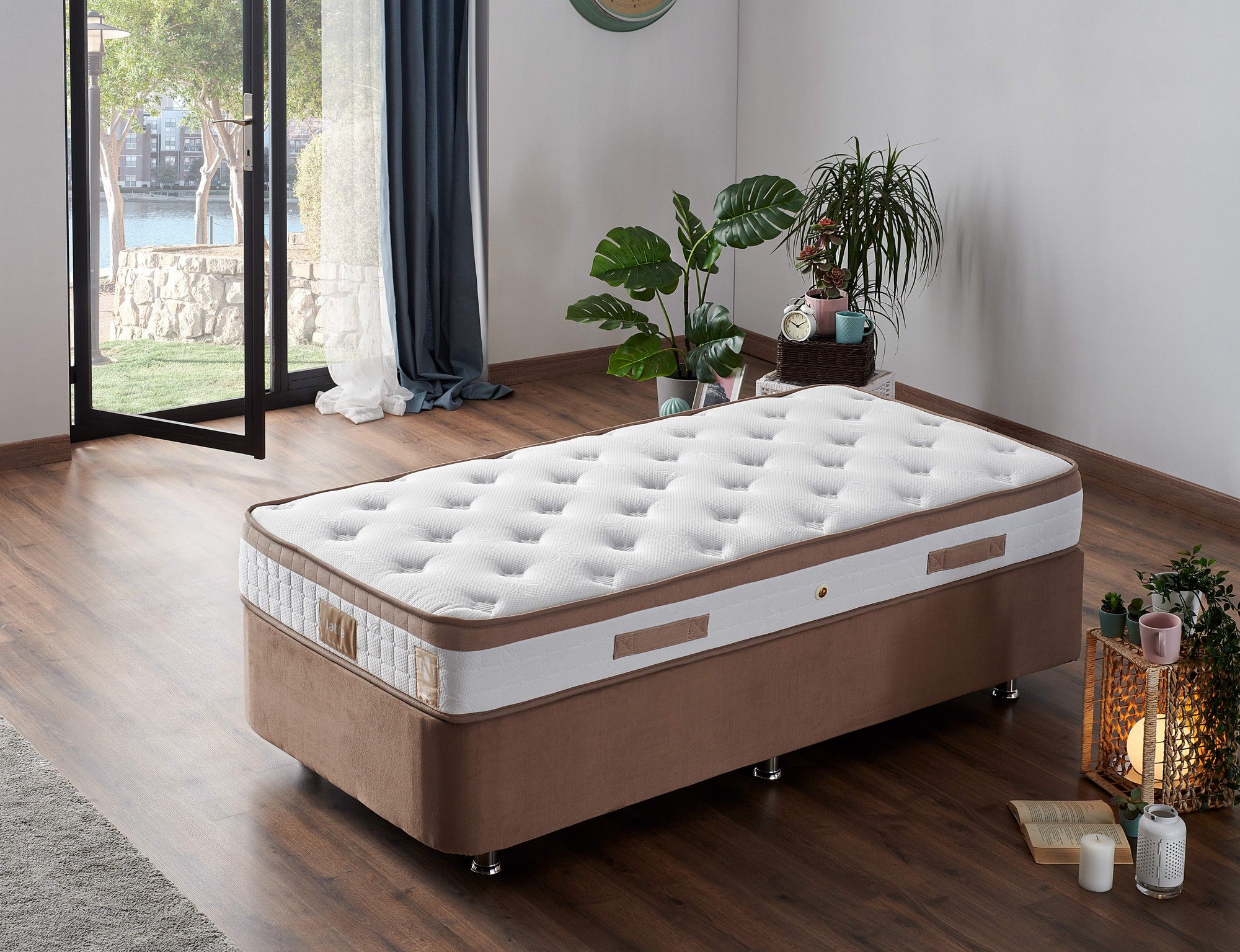 Colchão de luxo estilo hotel, 90 x 190 x 23 cm, capa de tecido trançado, sistema de molas múltiplas, design elegante em branco e marrom | Perfeito para conforto e suporte