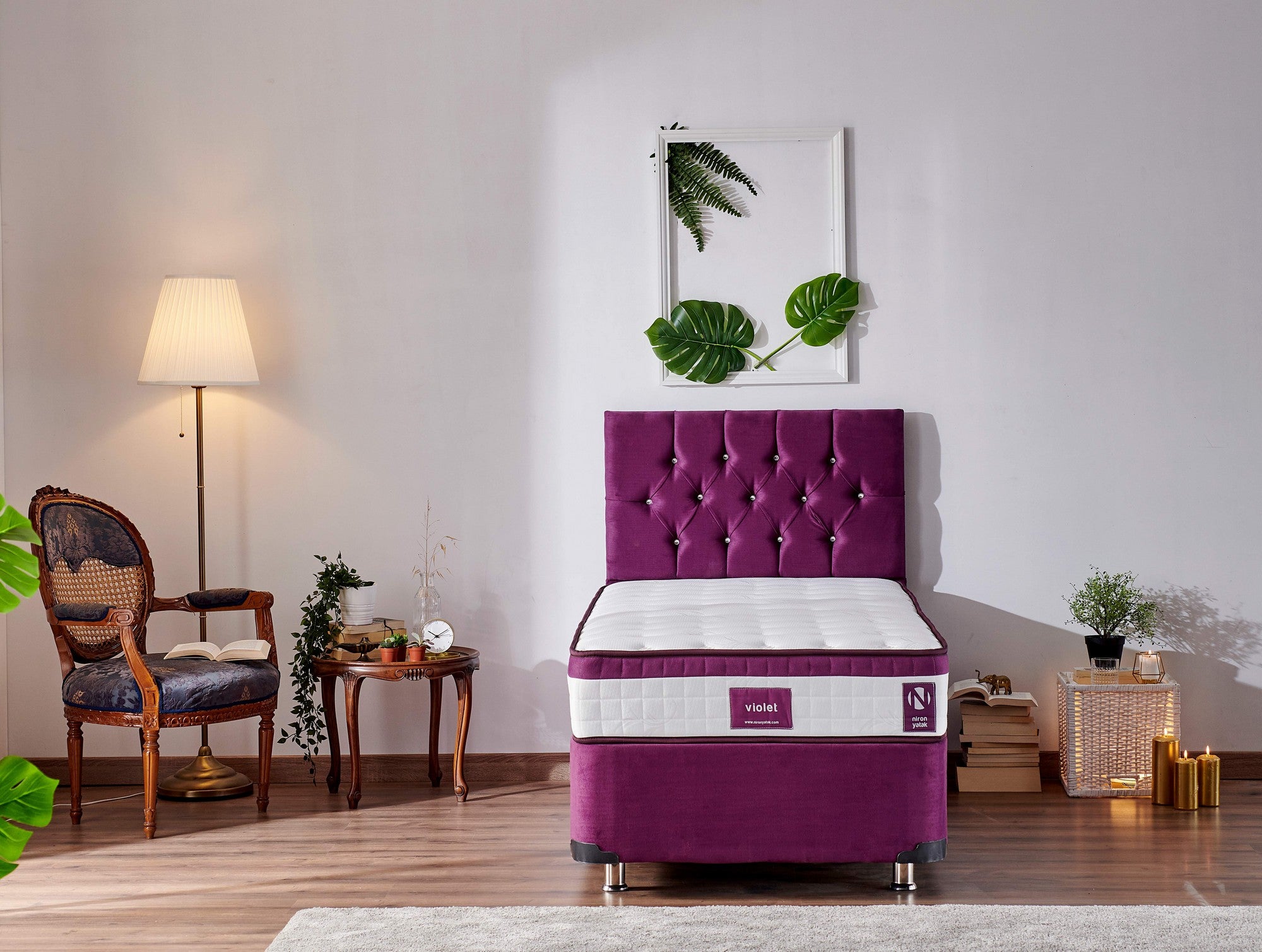 Colchão de luxo estilo hotel, 90 x 190 x 23 cm, capa de tecido de malha, espuma hipermacia, totalmente ortopédico, sistema de molas múltiplas, design elegante em branco e roxo