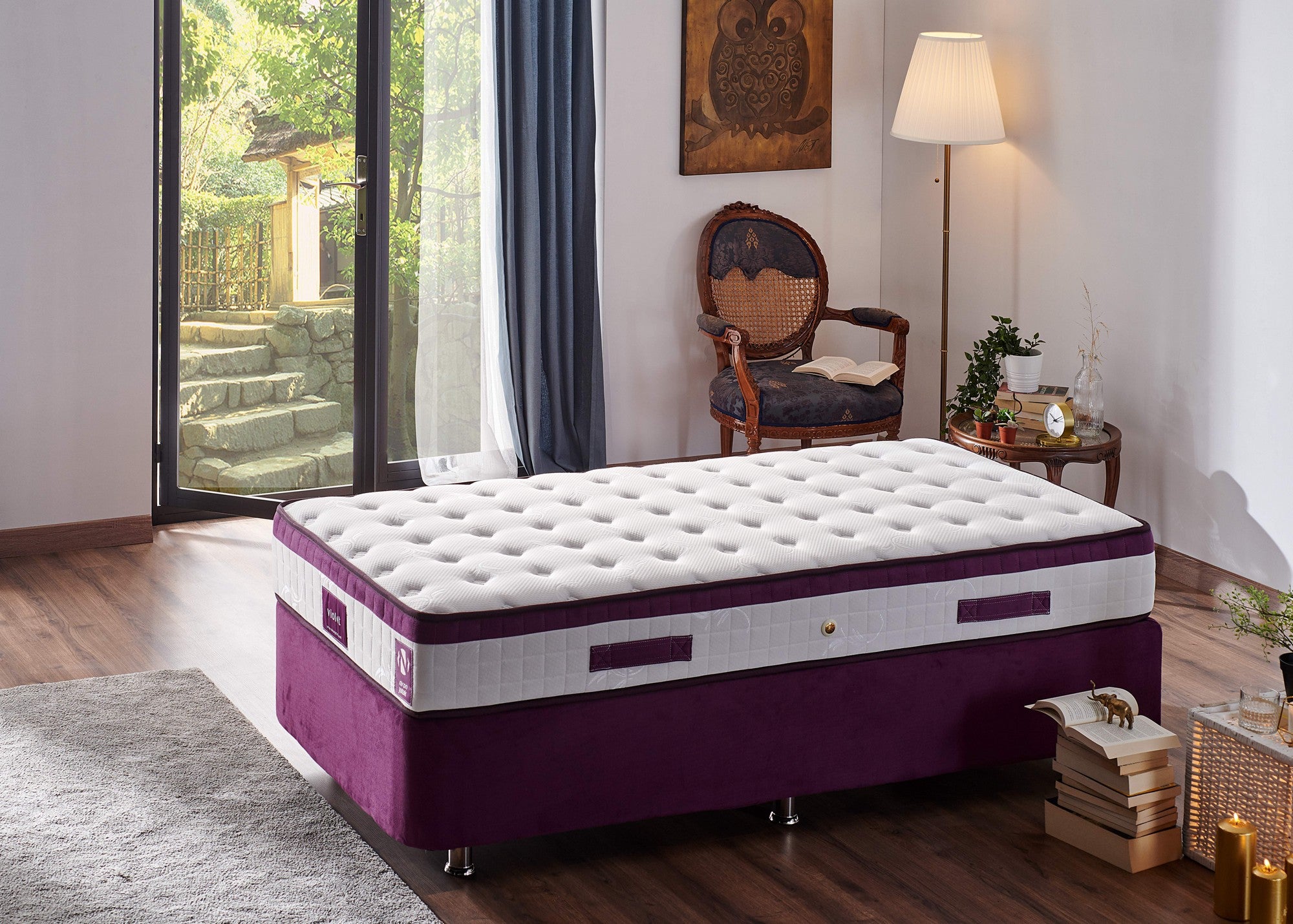 Colchão de luxo estilo hotel, 90 x 190 x 23 cm, capa de tecido de malha, espuma hipermacia, totalmente ortopédico, sistema de molas múltiplas, design elegante em branco e roxo
