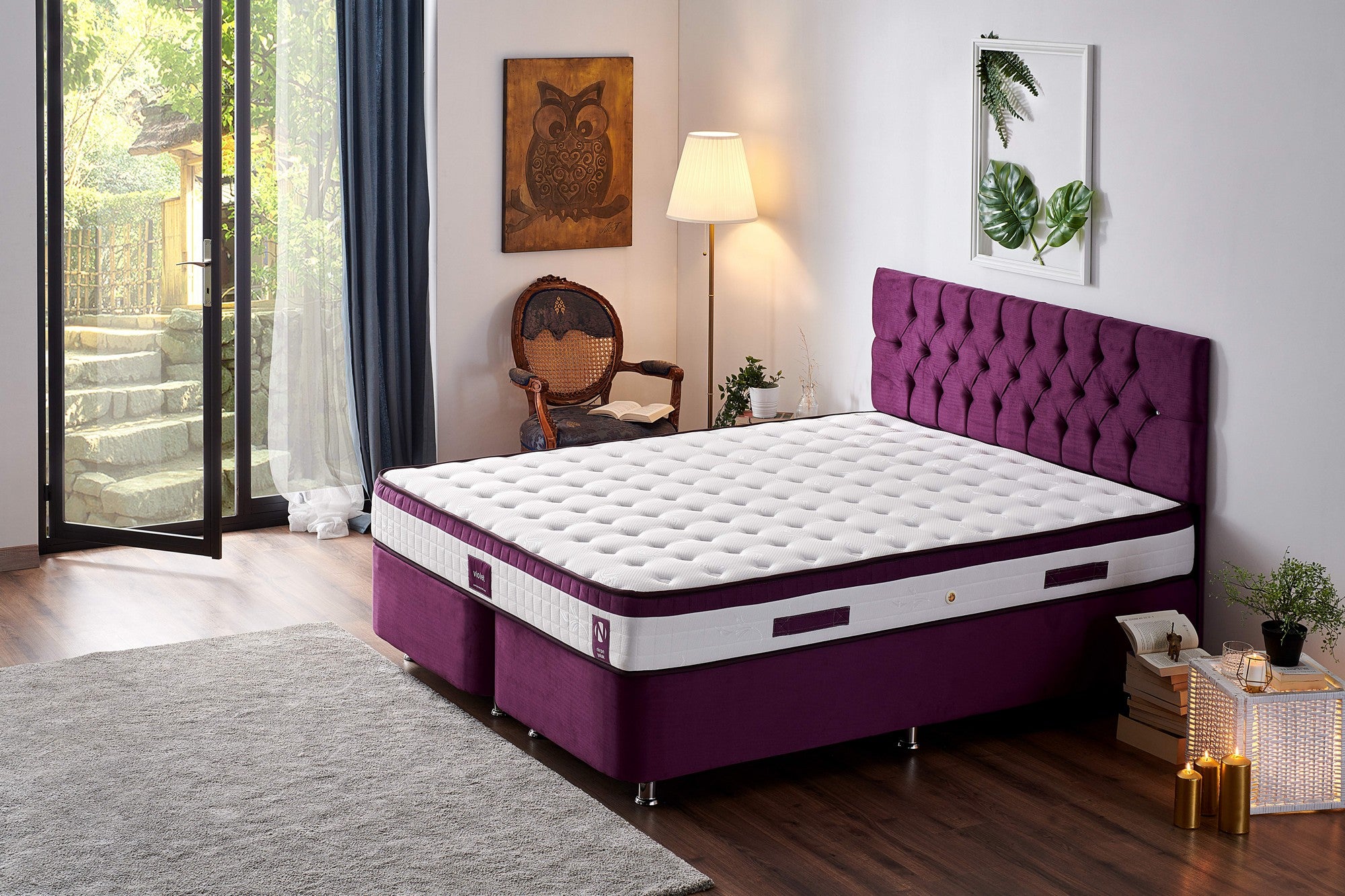 Colchão de luxo estilo hotel, 140 x 190 x 23 cm | Capa de tecido de malha, espuma hipermacia, totalmente ortopédico, sistema de molas múltiplas | Design elegante em branco e roxo
