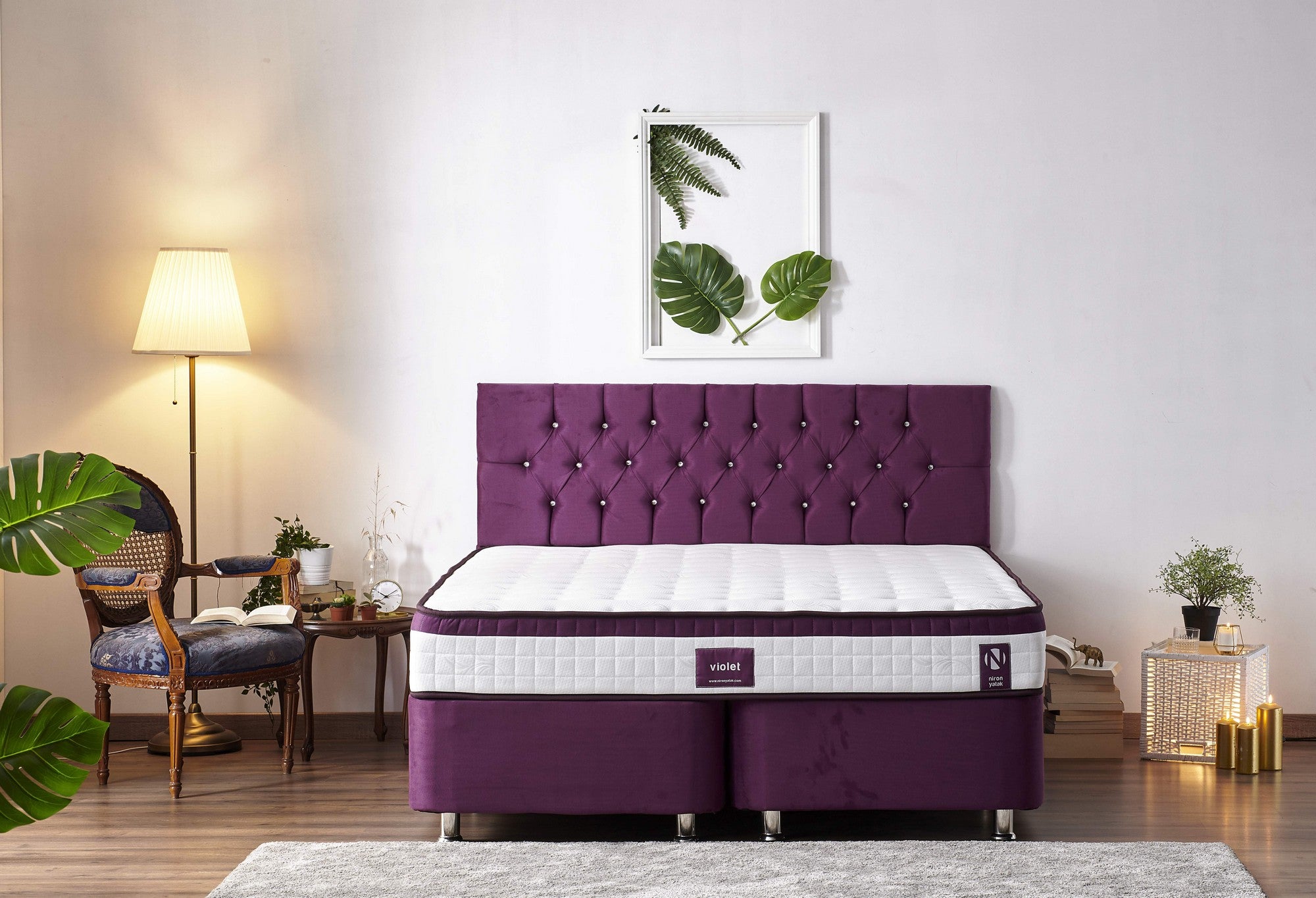 Colchão de luxo estilo hotel, 140 x 190 x 23 cm | Capa de tecido de malha, espuma hipermacia, totalmente ortopédico, sistema de molas múltiplas | Design elegante em branco e roxo