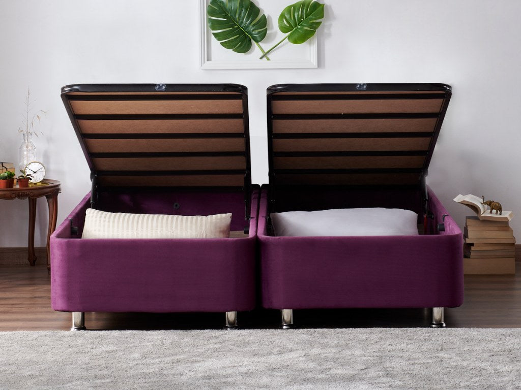 Base de cama de casal estilosa com baú, roxa, 140 x 190 cm | Estrutura de aço durável, tecido 100% Soho, bordas de MDF, trava de segurança, 6 pés | Conforto moderno