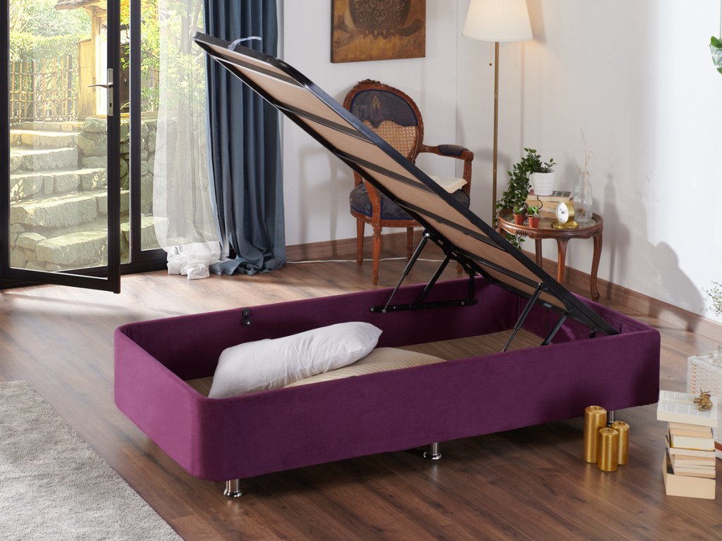 Base de cama de solteiro durável, roxa, 120 x 200 cm | Estrutura de aço, tecido 100% Soho, bordas de MDF, trava de segurança, cômoda incluída | Ideal para quartos modernos