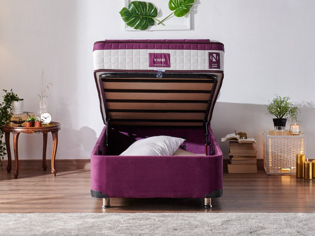 Base de cama de solteiro durável, roxa, 120 x 200 cm | Estrutura de aço, tecido 100% Soho, bordas de MDF, trava de segurança, cômoda incluída | Ideal para quartos modernos