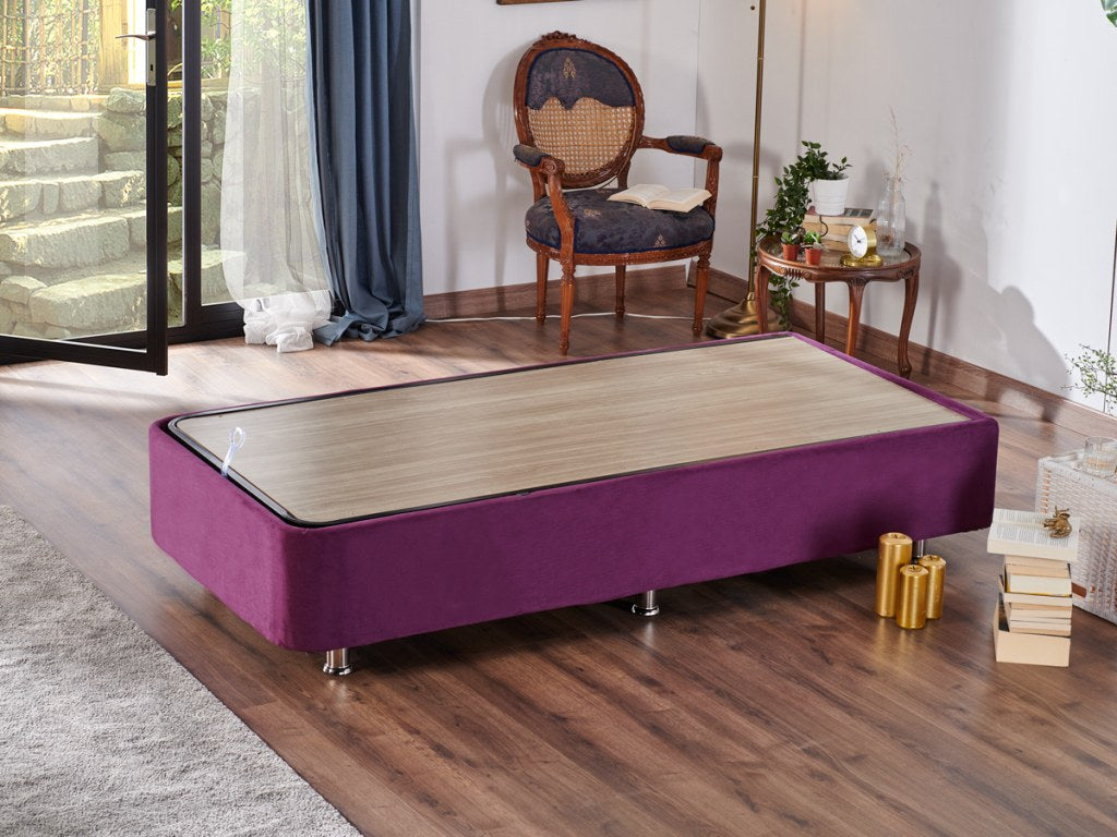 Base de cama de solteiro durável, roxa, 80 x 200 cm | Estrutura de aço, tecido 100% Soho, bordas de MDF, trava de segurança, cômoda incluída | Ideal para quartos modernos