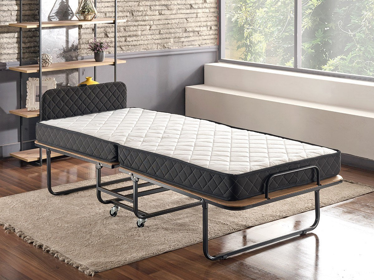 Cama dobrável com estrutura de metal, aço ultrarresistente, 90x204 cm, tamanho aberto, branca e preta, colchão de 15 cm, perfeita para hotéis e quartos de hóspedes, montada