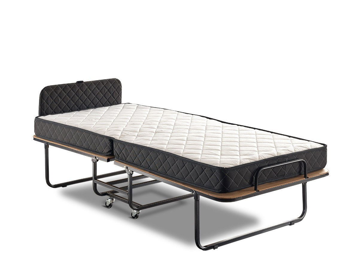 Cama dobrável com estrutura de metal, aço ultrarresistente, 90x204 cm, tamanho aberto, branca e preta, colchão de 15 cm, perfeita para hotéis e quartos de hóspedes, montada