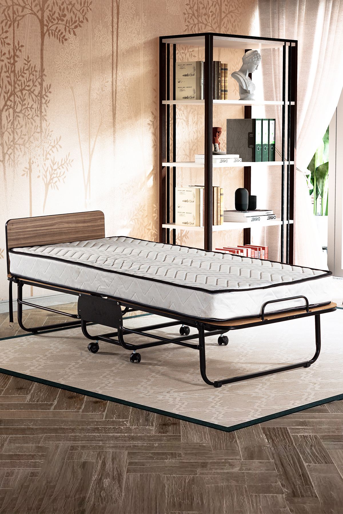 Cama dobrável com colchão de molas de 15 cm, 80 x 190 cm, estrutura de metal ultra-durável, tecido jacquard, fácil montagem, design elegante em branco e preto