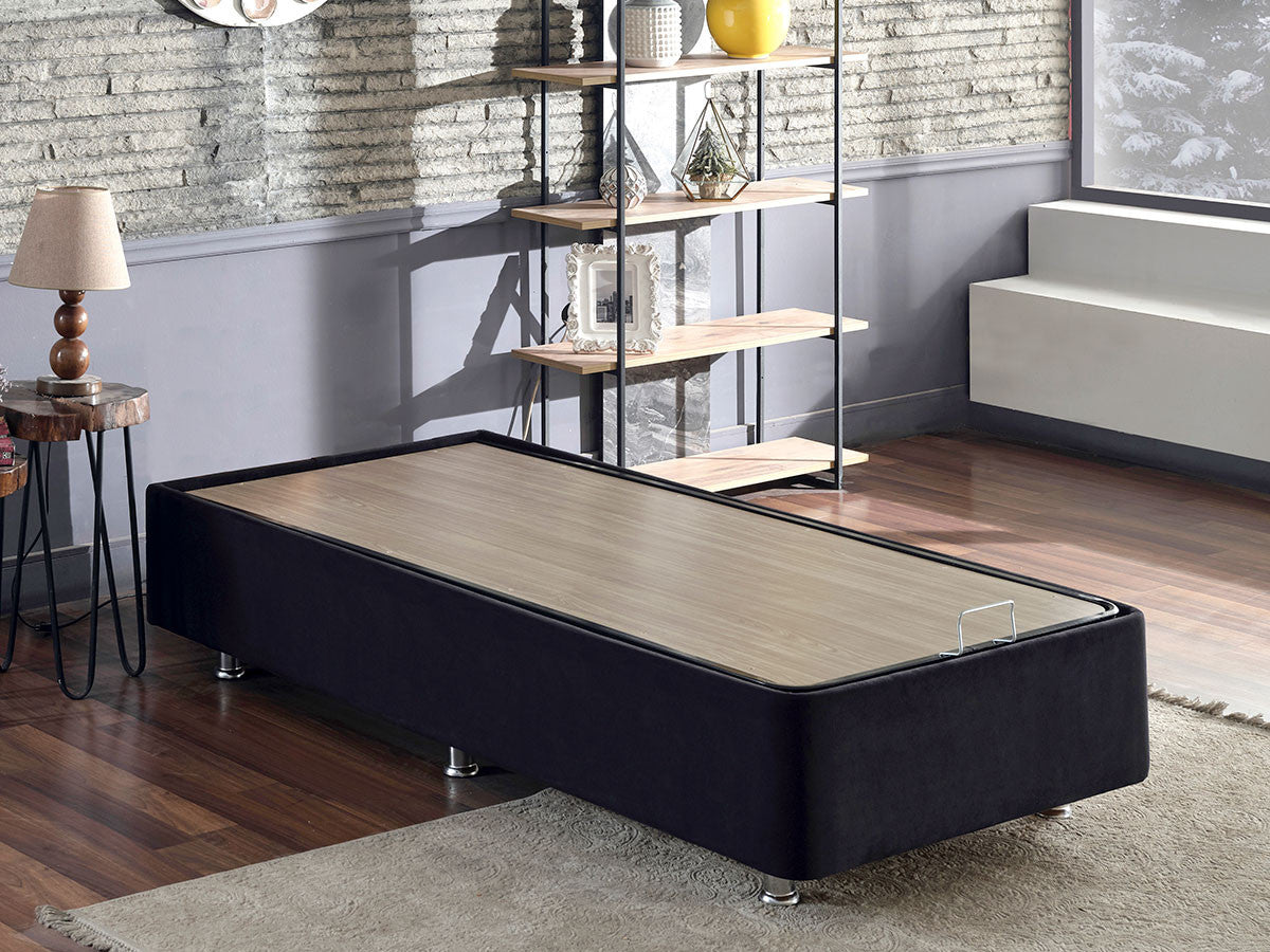 Base de cama de solteiro durável, estrutura de aço preto, 100 cm x 200 cm | Tecido 100% Soho, bordas de MDF, trava de segurança, baú incluso | Design moderno para conforto
