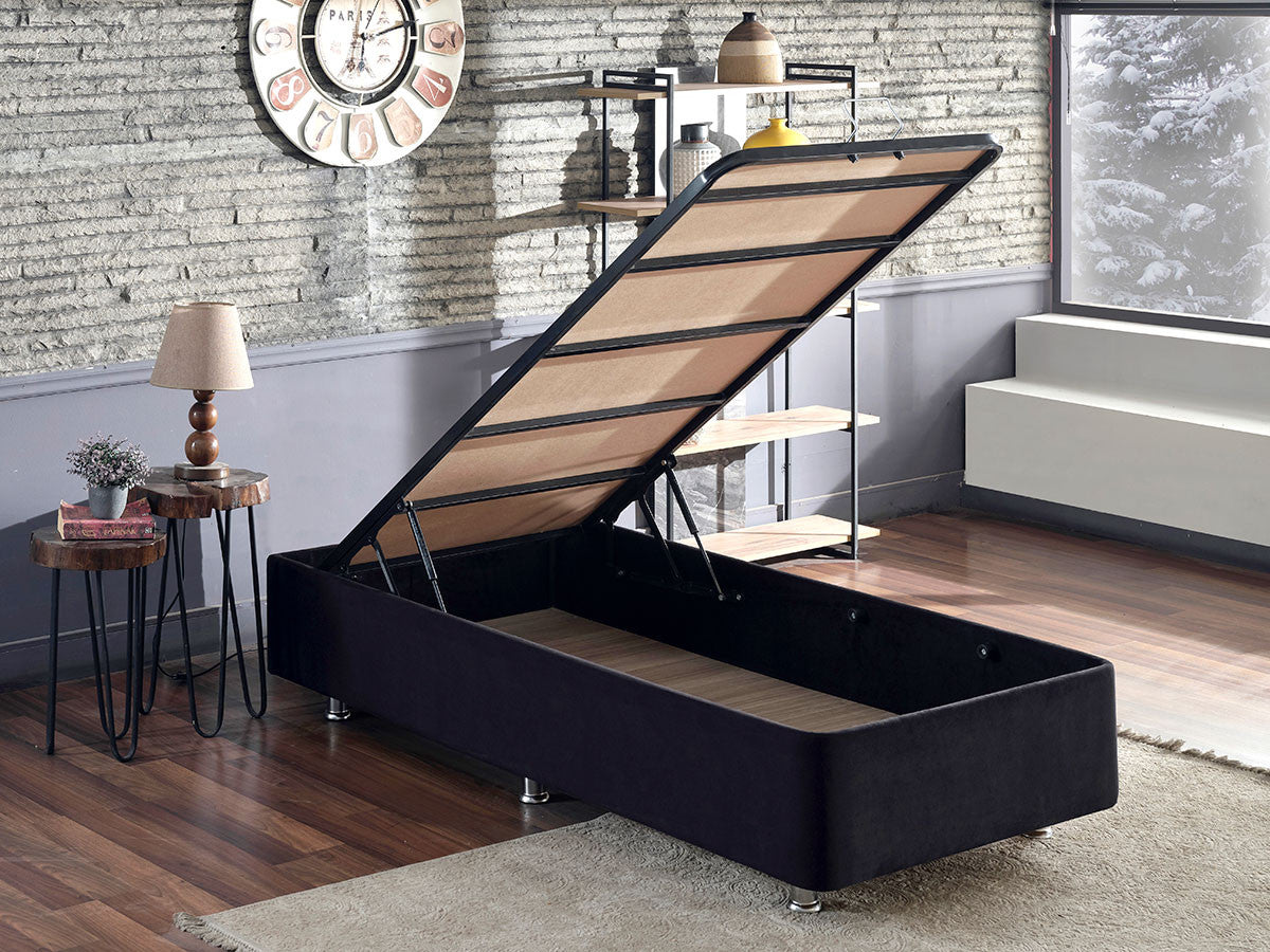 Base de cama de solteiro durável, estrutura de aço preto, 100 cm x 200 cm | Tecido 100% Soho, bordas de MDF, trava de segurança, baú incluso | Design moderno para conforto
