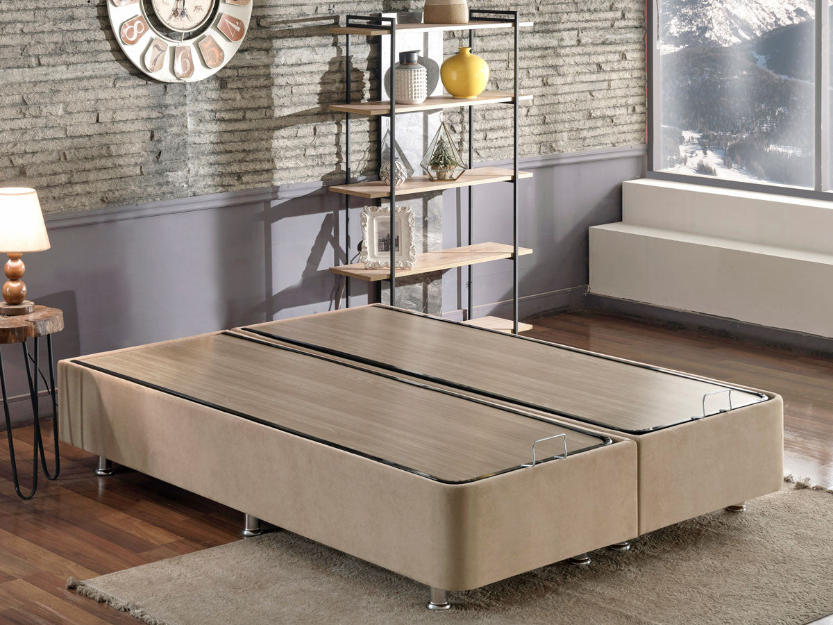 Base de cama de casal resistente com cômoda, marrom claro, 160 x 200 cm | Estrutura de aço, tecido 100% Soho, bordas de MDF, trava de segurança, 6 pés | Design moderno e durável