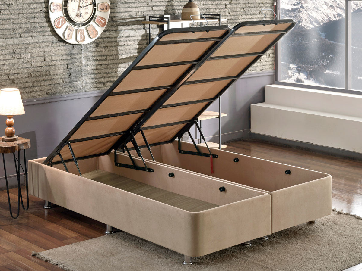 Base de cama de casal resistente com cômoda, marrom claro, 160 x 200 cm | Estrutura de aço, tecido 100% Soho, bordas de MDF, trava de segurança, 6 pés | Design moderno e durável