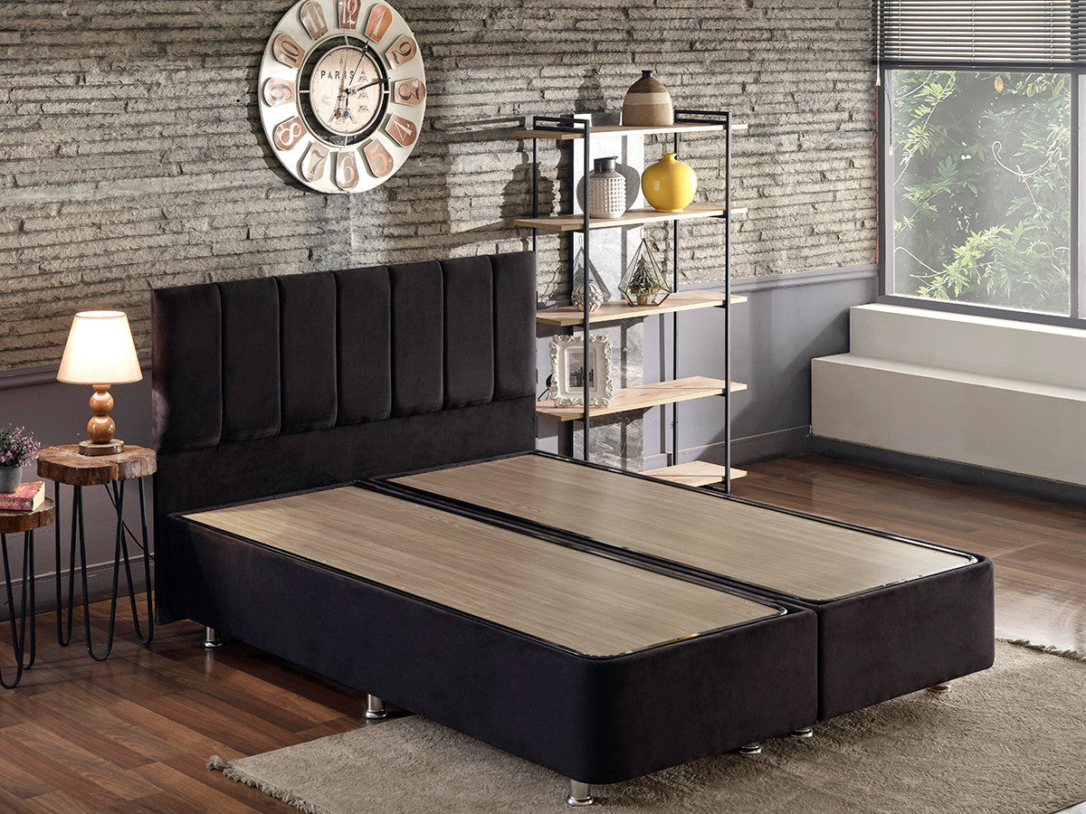 Base e cabeceira de cama de casal elegantes, pretas, 160 x 200 cm | Estrutura de aço durável, tecido 100% Soho, trava de segurança, baú incluído | Design moderno para conforto