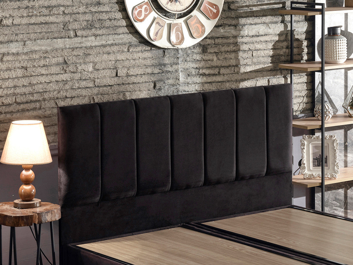 Base e cabeceira de cama de casal elegantes, pretas, 160 x 200 cm | Estrutura de aço durável, tecido 100% Soho, trava de segurança, baú incluído | Design moderno para conforto