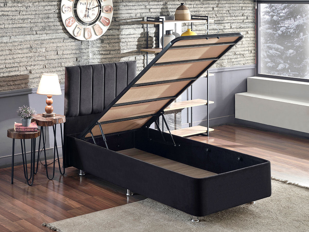 Base e cabeceira de cama de solteiro elegantes, pretas, estrutura de aço, 120 x 200 cm, tecido 100% Soho, trava de segurança, baú incluso | Design moderno para conforto e durabilidade