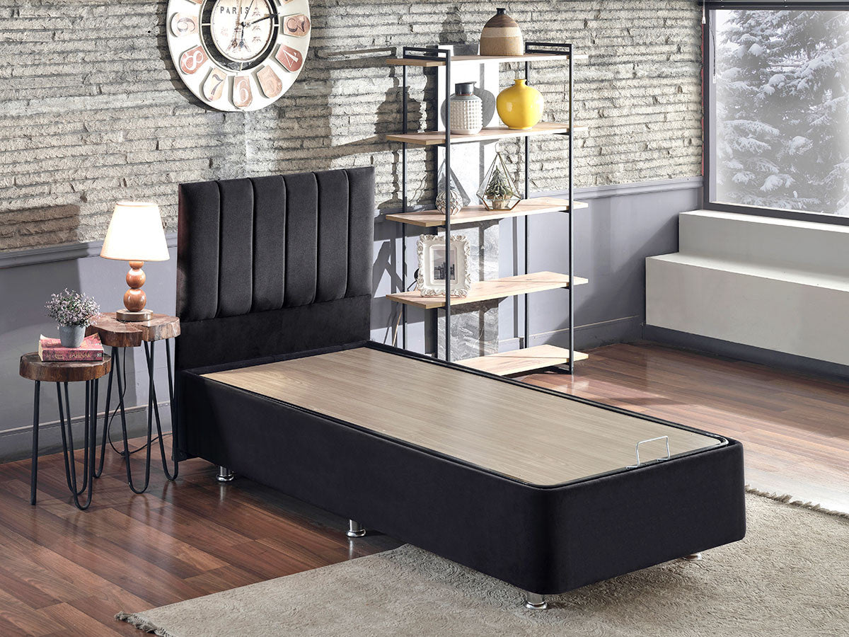 Base e cabeceira de cama de solteiro elegantes, pretas, estrutura de aço com tecido 100% Soho, 100x200 cm, trava de segurança, baú incluso | Design moderno para conforto