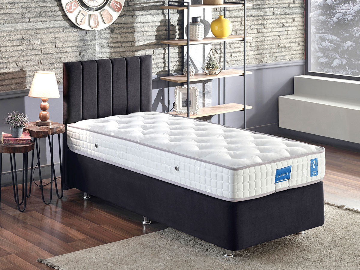 Base e cabeceira de cama de solteiro elegantes, pretas, estrutura de aço com tecido 100% Soho, 100x200 cm, trava de segurança, baú incluso | Design moderno para conforto