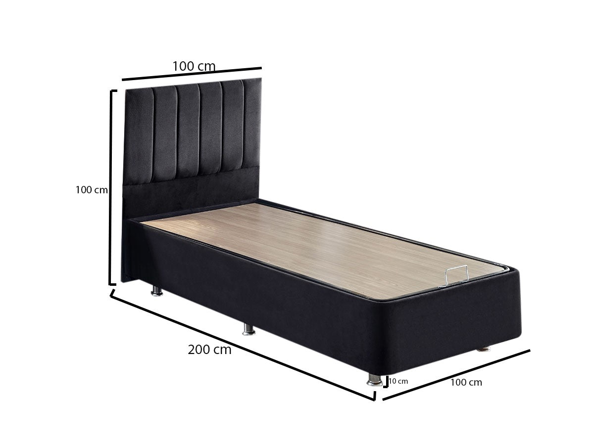 Base e cabeceira de cama de solteiro elegantes, pretas, estrutura de aço com tecido 100% Soho, 100x200 cm, trava de segurança, baú incluso | Design moderno para conforto