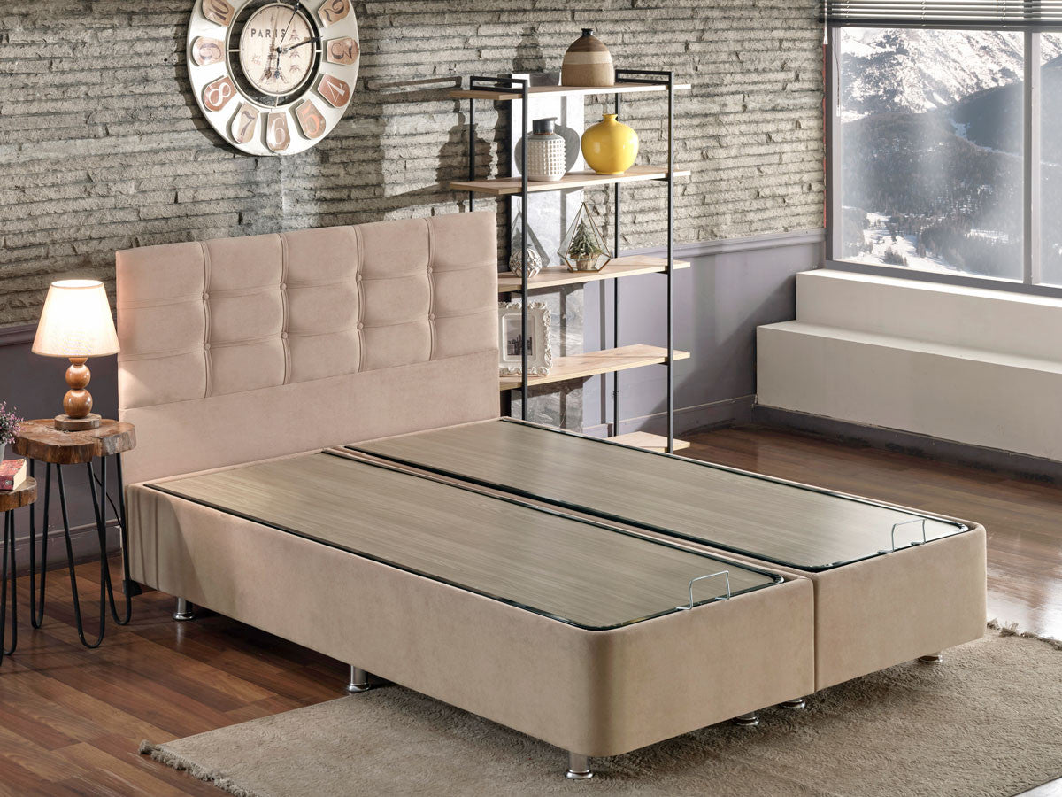Base e cabeceira de cama de casal elegantes, marrom claro, 140 x 190 cm | Estrutura de aço durável, tecido 100% Soho, trava de segurança, baú incluído | Conforto moderno
