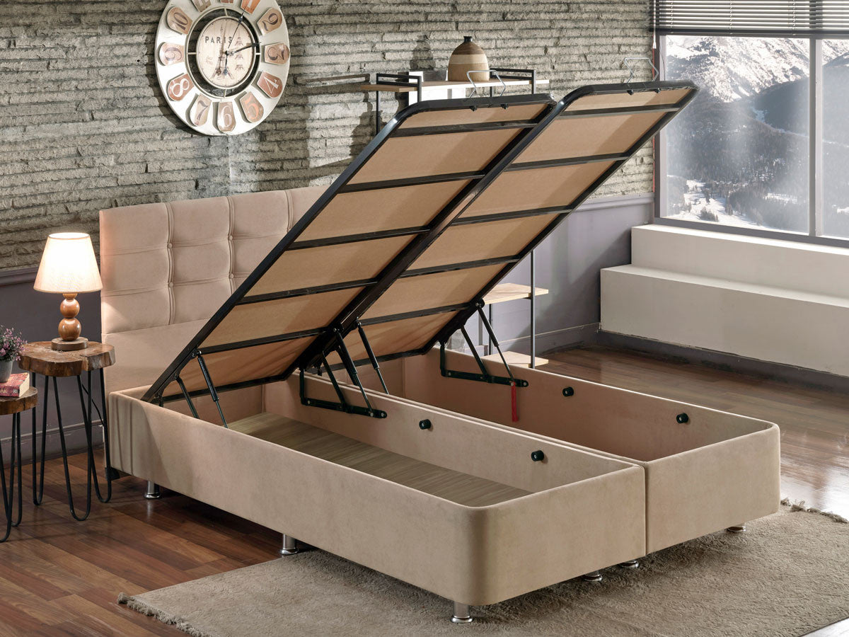 Base e cabeceira de cama de casal elegantes, marrom claro, 140 x 190 cm | Estrutura de aço durável, tecido 100% Soho, trava de segurança, baú incluído | Conforto moderno