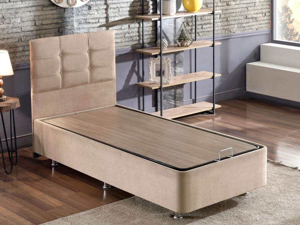 Base e cabeceira de cama de solteiro marrom claro, estrutura de aço, tecido 100% Soho, 90x190 cm, trava de segurança, cômoda incluída | Design elegante e durável para quartos modernos