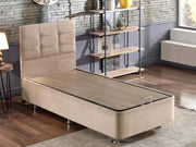 Base e cabeceira de cama de solteiro marrom claro, estrutura de aço, tecido 100% Soho, 90x190 cm, trava de segurança, cômoda incluída | Design elegante e durável para quartos modernos