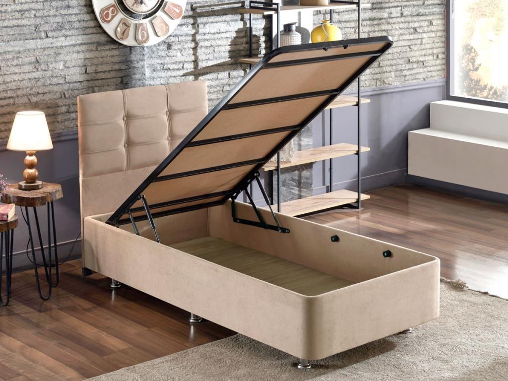 Base e cabeceira de cama de solteiro marrom claro, estrutura de aço, tecido 100% Soho, 90x190 cm, trava de segurança, cômoda incluída | Design elegante e durável para quartos modernos