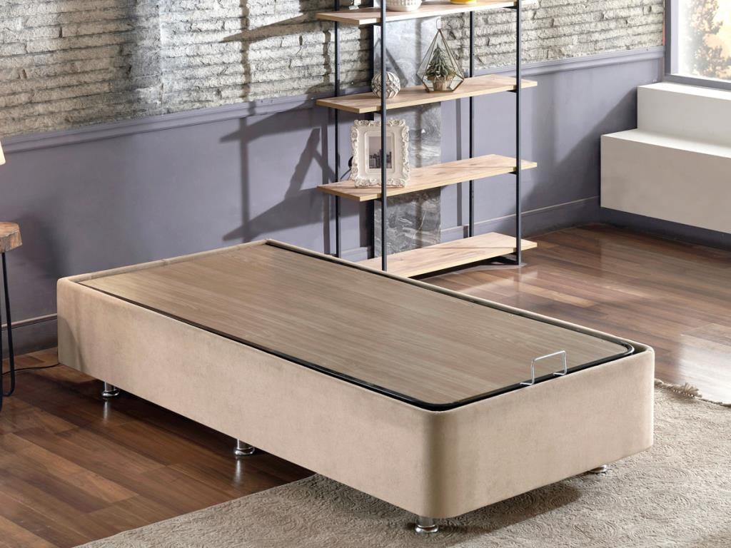 Base e cabeceira de cama de solteiro marrom claro, estrutura de aço, tecido 100% Soho, 90x190 cm, trava de segurança, cômoda incluída | Design elegante e durável para quartos modernos