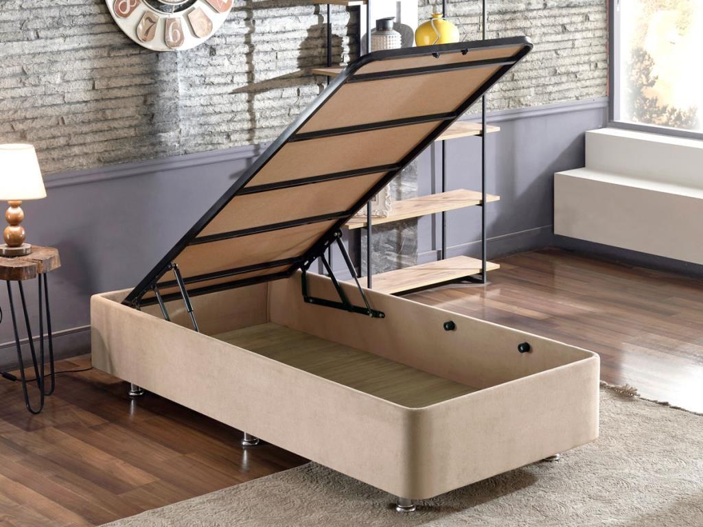 Base e cabeceira de cama de solteiro marrom claro, estrutura de aço, tecido 100% Soho, 90x190 cm, trava de segurança, cômoda incluída | Design elegante e durável para quartos modernos