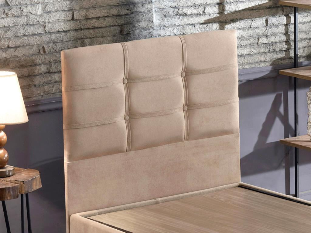 Base e cabeceira de cama de solteiro marrom claro, estrutura de aço, tecido 100% Soho, 90x190 cm, trava de segurança, cômoda incluída | Design elegante e durável para quartos modernos
