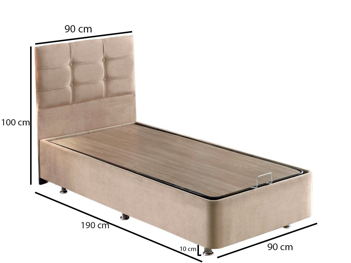 Base e cabeceira de cama de solteiro marrom claro, estrutura de aço, tecido 100% Soho, 90x190 cm, trava de segurança, cômoda incluída | Design elegante e durável para quartos modernos