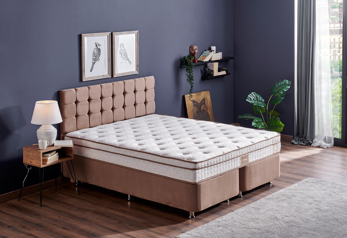 Colchão de solteiro de luxo com estrutura de aço e cabeceira, marrom claro, 80x180 cm | Ortopédico completo, sistema de molas múltiplas, inclui baú e trava de segurança