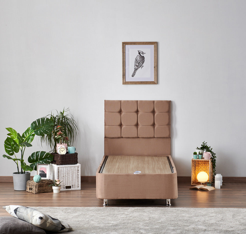 Colchão de solteiro de luxo com estrutura de aço e cabeceira, marrom claro, 80x180 cm | Ortopédico completo, sistema de molas múltiplas, inclui baú e trava de segurança