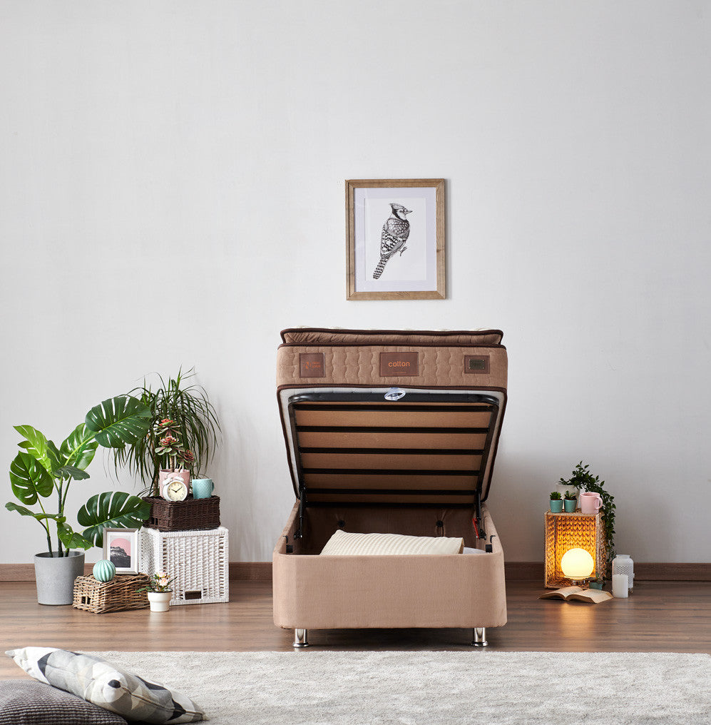 Colchão de solteiro de luxo com estrutura de aço e cabeceira, marrom claro, 80x180 cm | Ortopédico completo, sistema de molas múltiplas, inclui baú e trava de segurança