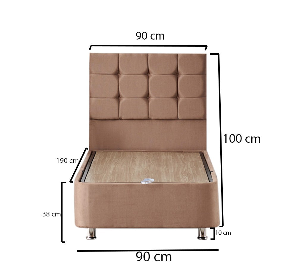 Colchão de solteiro de luxo com estrutura de aço e cabeceira, marrom claro, 90x190 cm | Ortopédico completo, sistema de molas múltiplas, inclui baú e trava de segurança