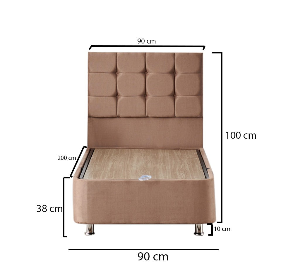 Colchão de solteiro de luxo com estrutura de aço e cabeceira, marrom claro, 90 x 200 cm | Ortopédico completo, sistema de molas múltiplas, inclui baú e trava de segurança