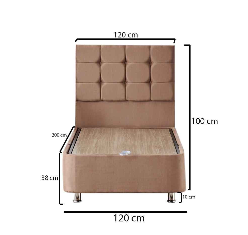 Colchão de solteiro de luxo com estrutura de aço e cabeceira, marrom claro, 120 x 200 cm | Ortopédico completo, sistema de molas múltiplas, inclui baú e trava de segurança