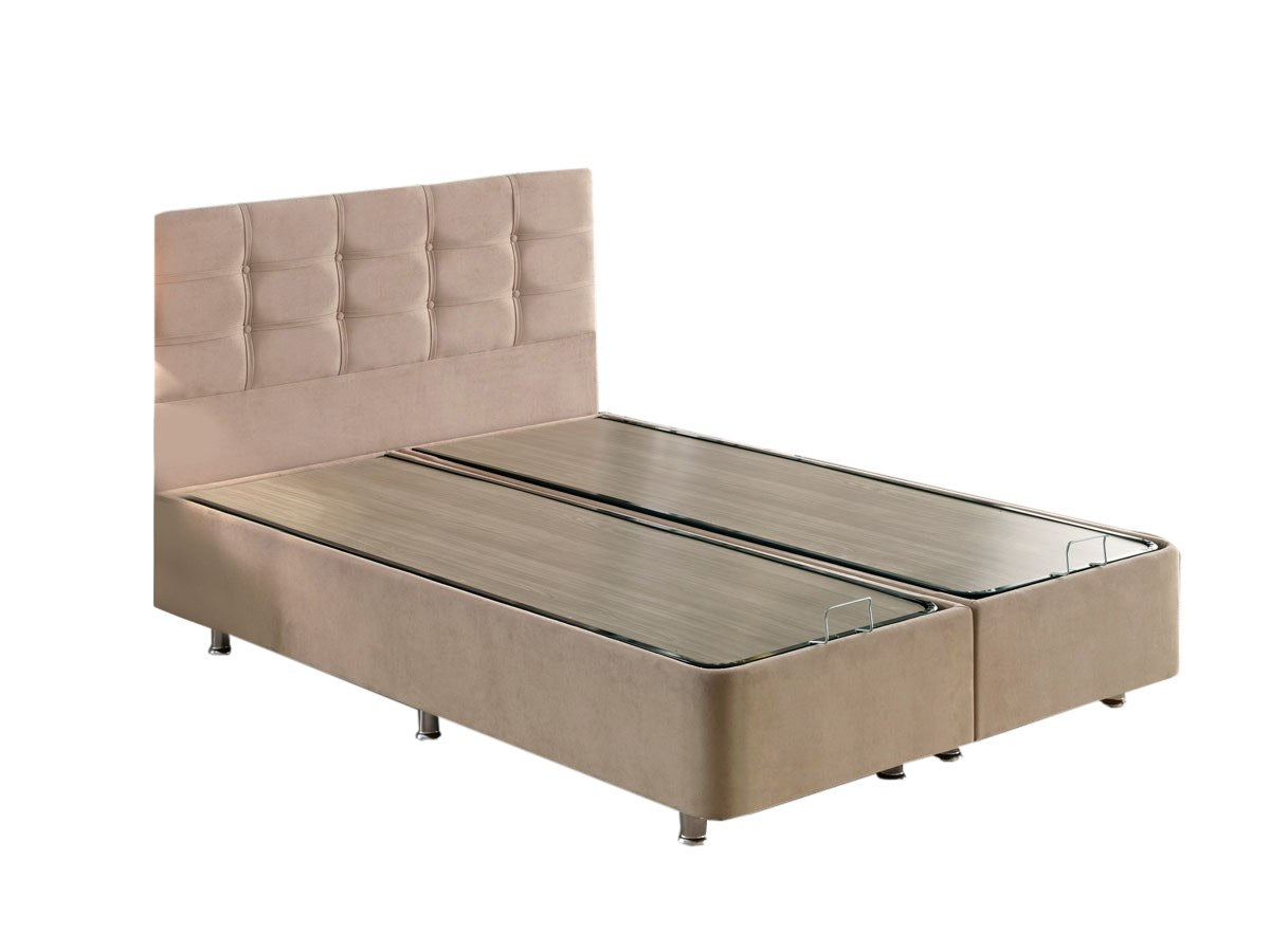 Base e cabeceira de cama de casal elegantes, marrom claro, 180 x 200 cm | Estrutura de aço durável, tecido 100% Soho, trava de segurança, baú incluído | Conforto moderno