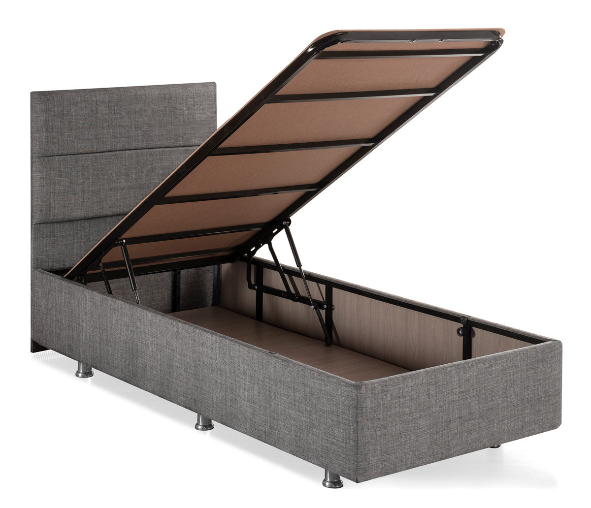 Base e cabeceira de cama de solteiro elegantes, cinza, 80x180 cm | Estrutura de aço durável, tecido 100% Soho, trava de segurança, cômoda incluída | Perfeito para quartos modernos