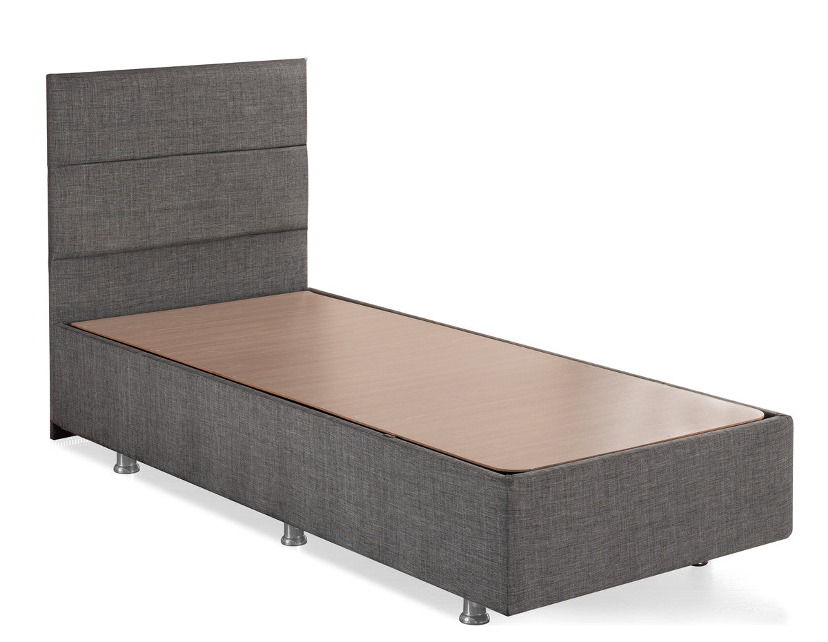 Base e cabeceira de cama de solteiro elegantes, cinza, 90x190 cm | Estrutura de aço durável, tecido 100% Soho, bordas de MDF, trava de segurança, baú incluído | Design moderno