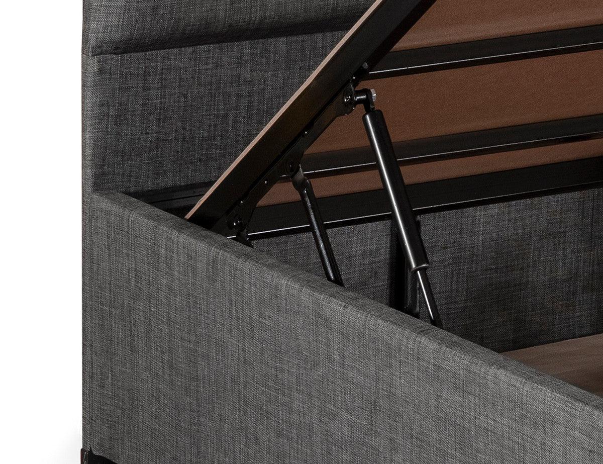 Base e cabeceira de cama de solteiro elegantes, cinza, 90x190 cm | Estrutura de aço durável, tecido 100% Soho, bordas de MDF, trava de segurança, baú incluído | Design moderno